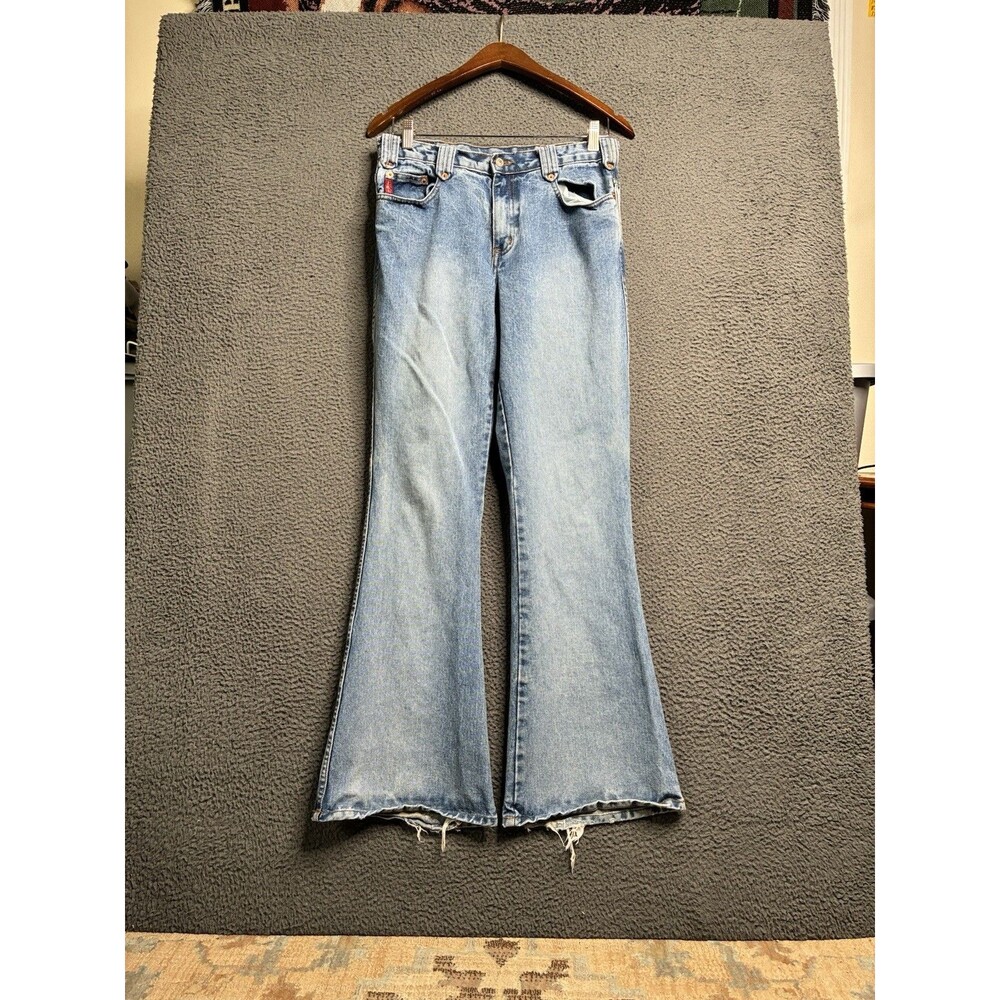 LEI Vintage Y2K Flare Leg Jeans Size 9 Mid Rise Wide Bottom 30x31 Bareback USA